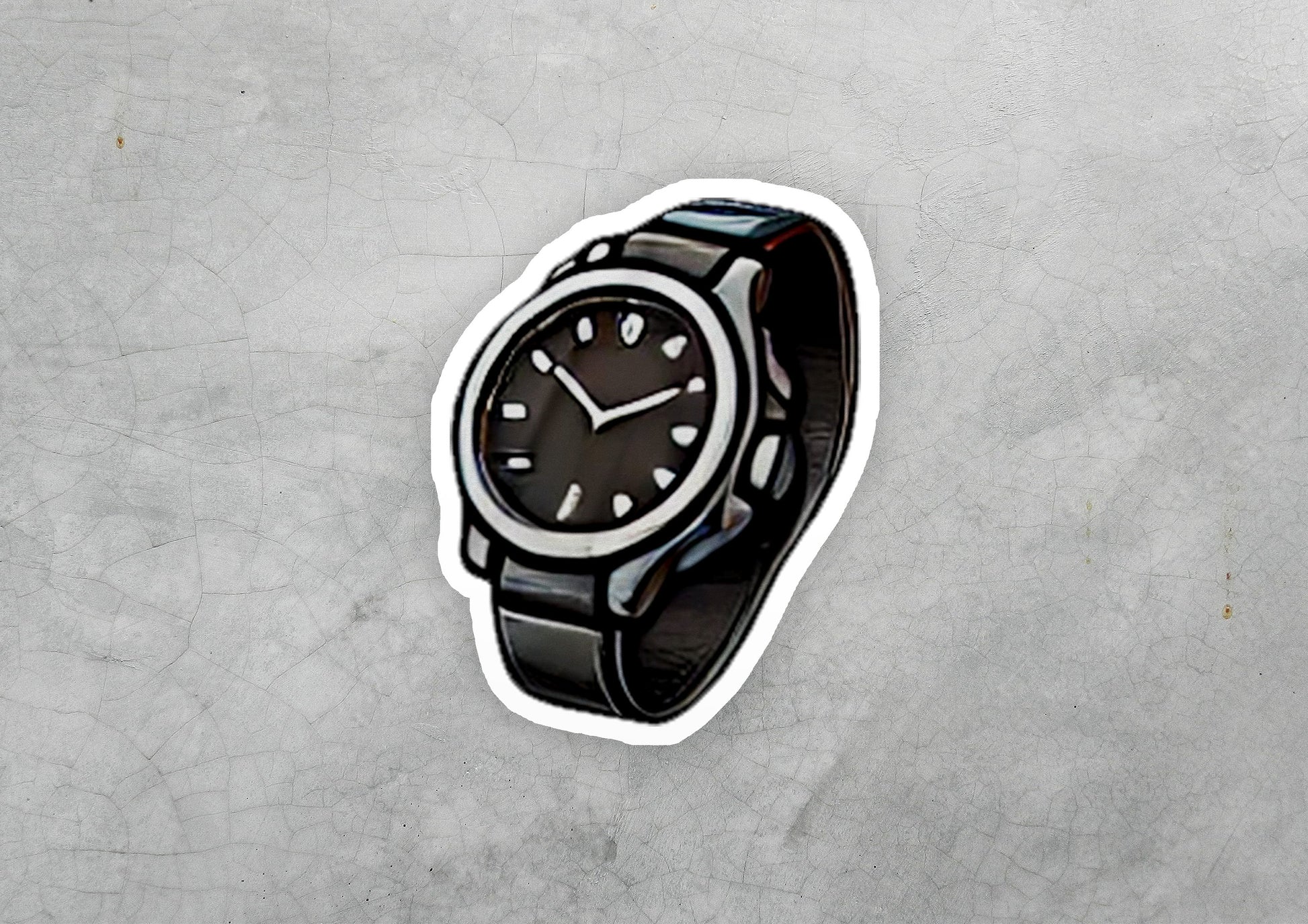 a sticker of a watch on a concrete surface