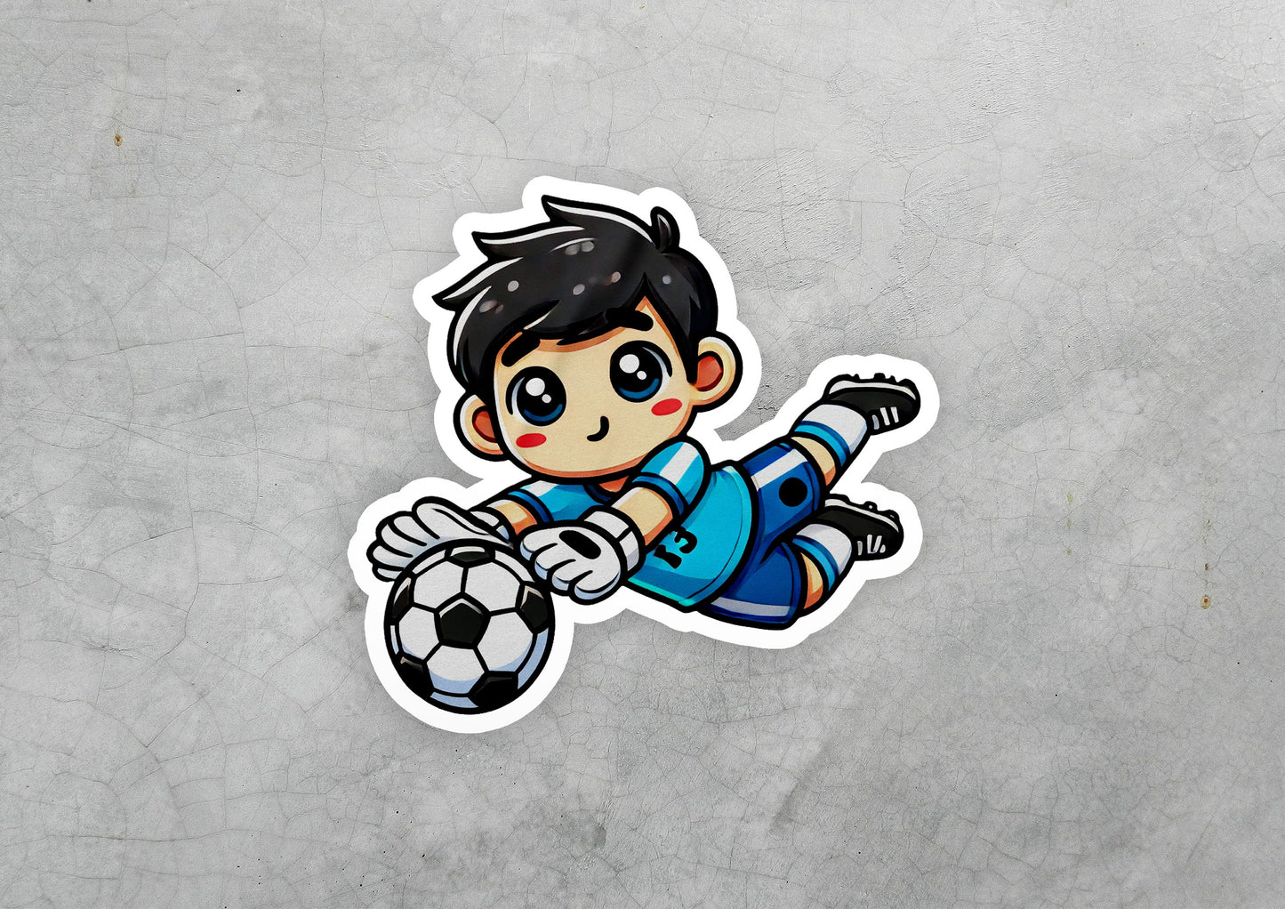 a sticker of a boy kicking a soccer ball