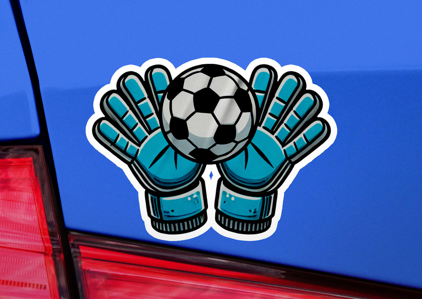 a car with a sticker of a soccer ball and gloves on it