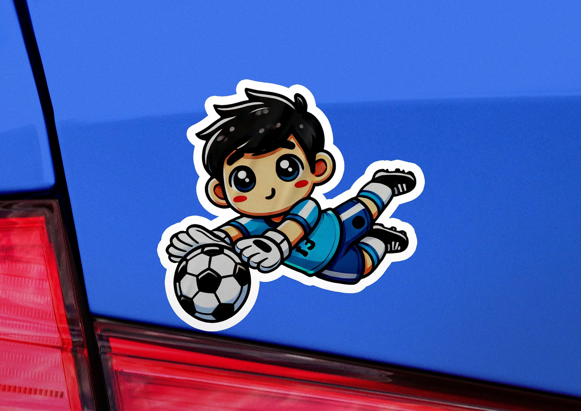 a sticker of a boy kicking a soccer ball