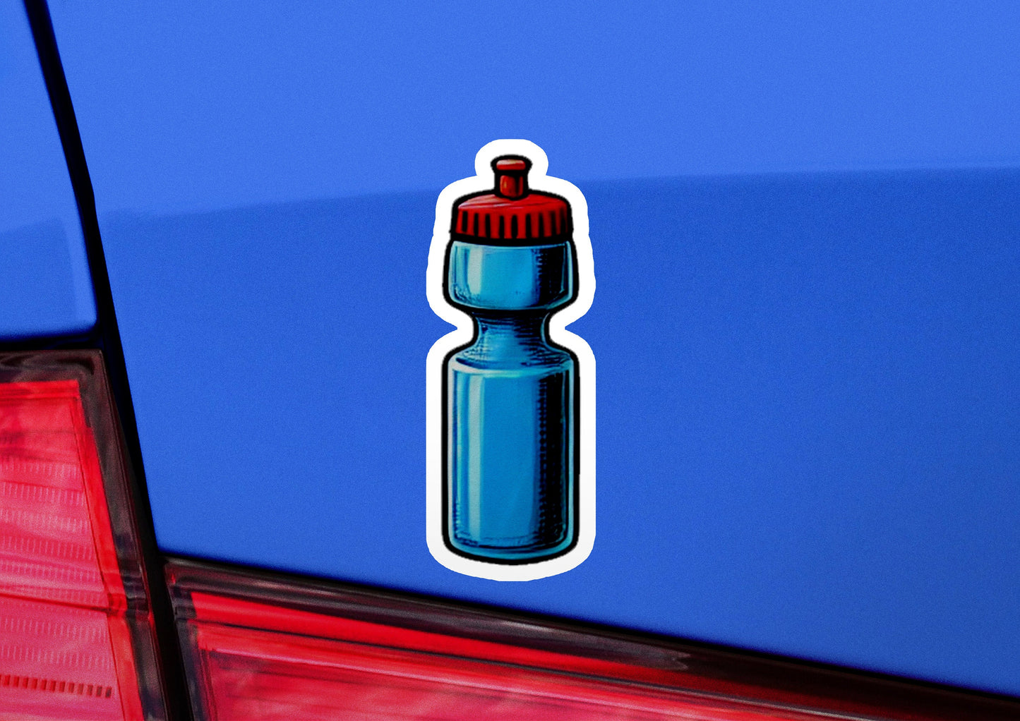 a sticker of a water bottle on the back of a car