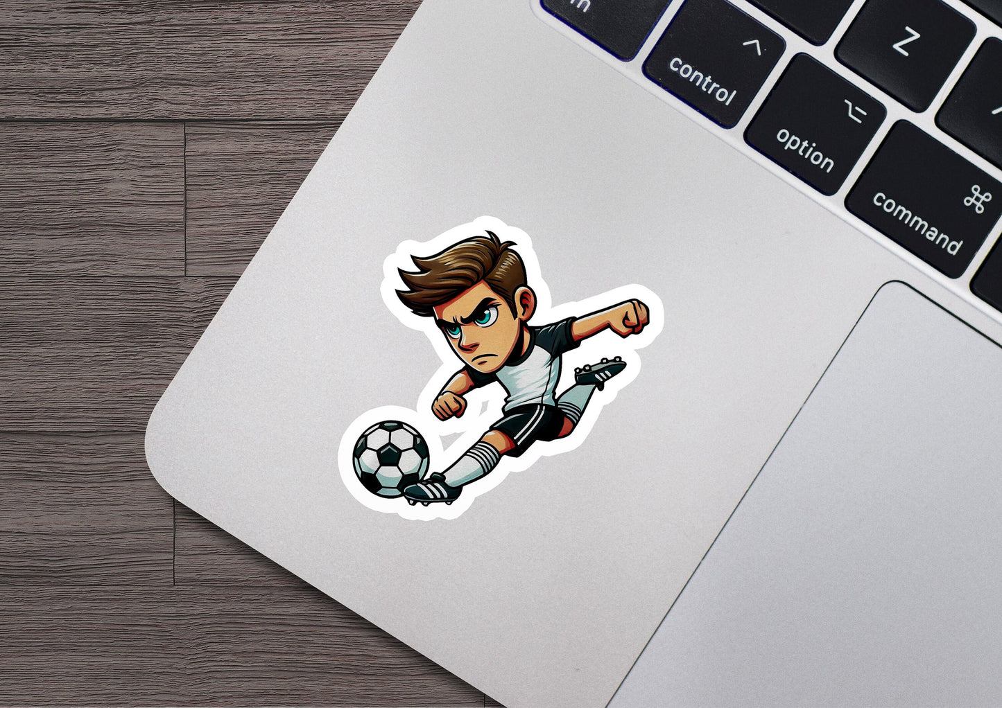 a sticker of a soccer player kicking a soccer ball