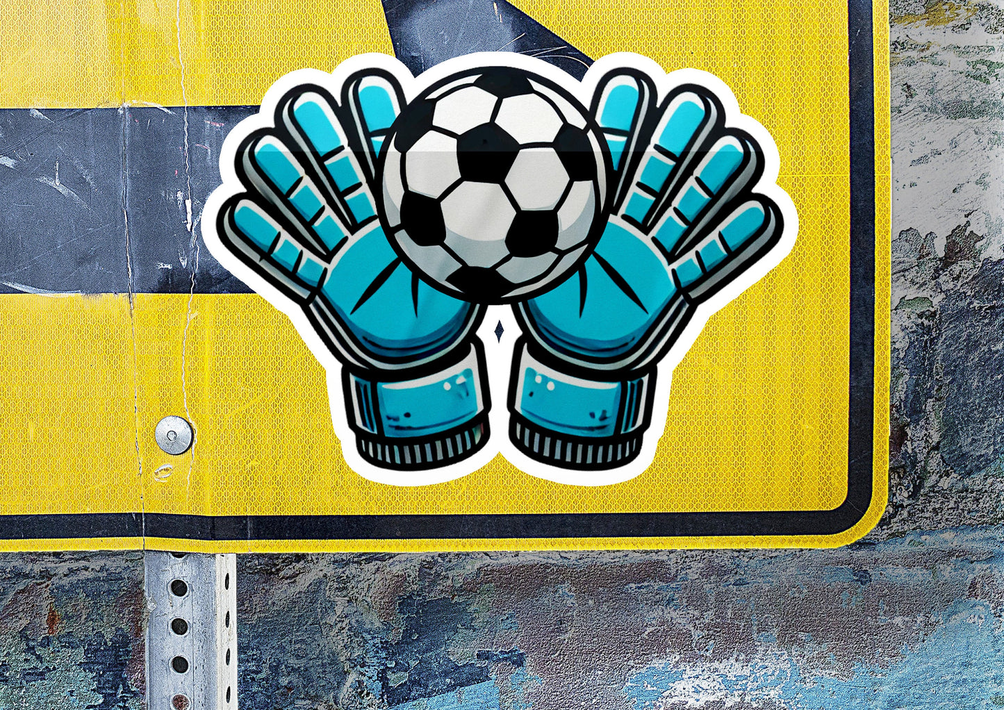 a sticker of a soccer ball and gloves