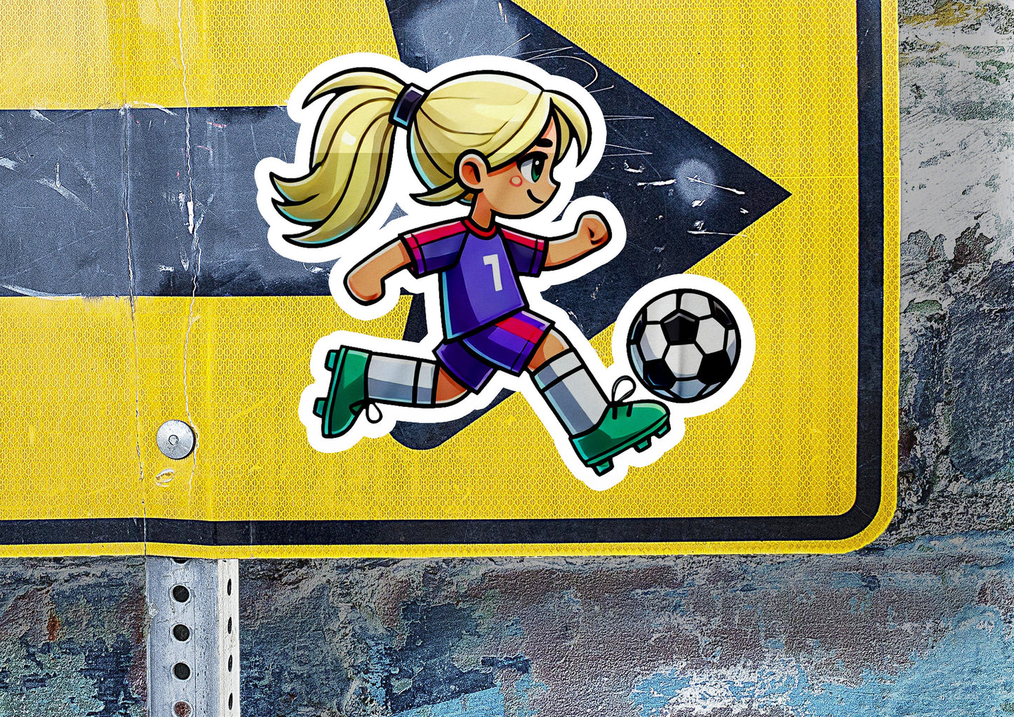 a sticker of a girl kicking a soccer ball