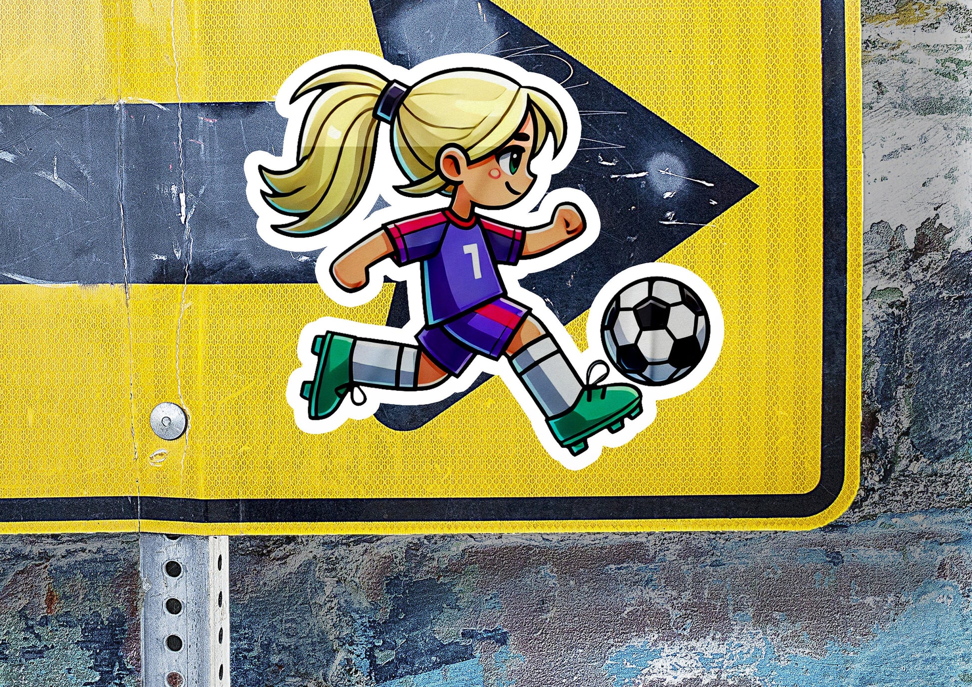 a sticker of a girl kicking a soccer ball