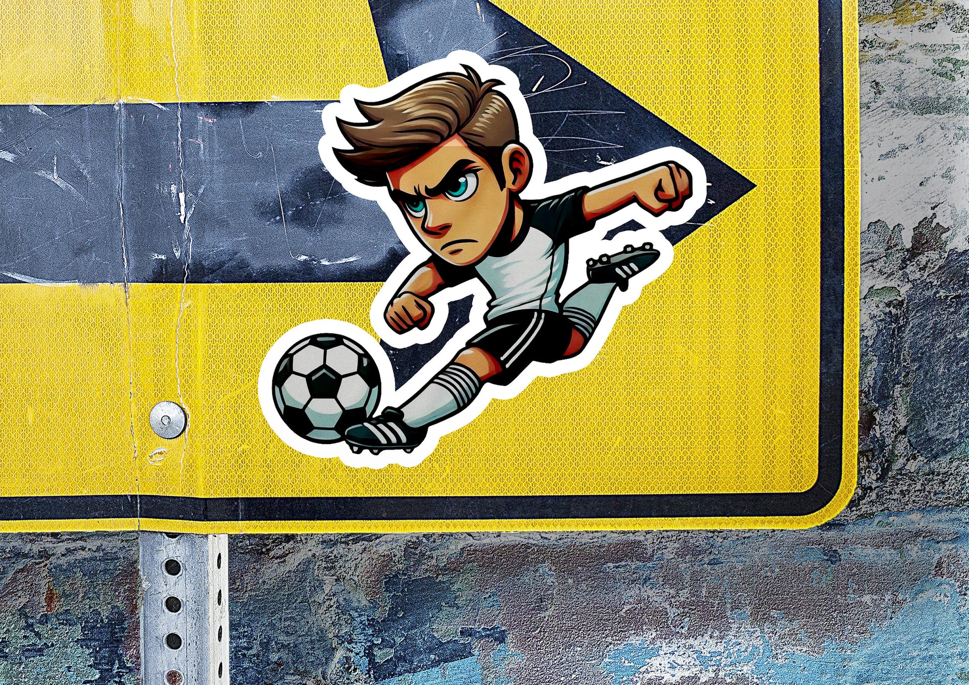 a sticker of a man kicking a soccer ball