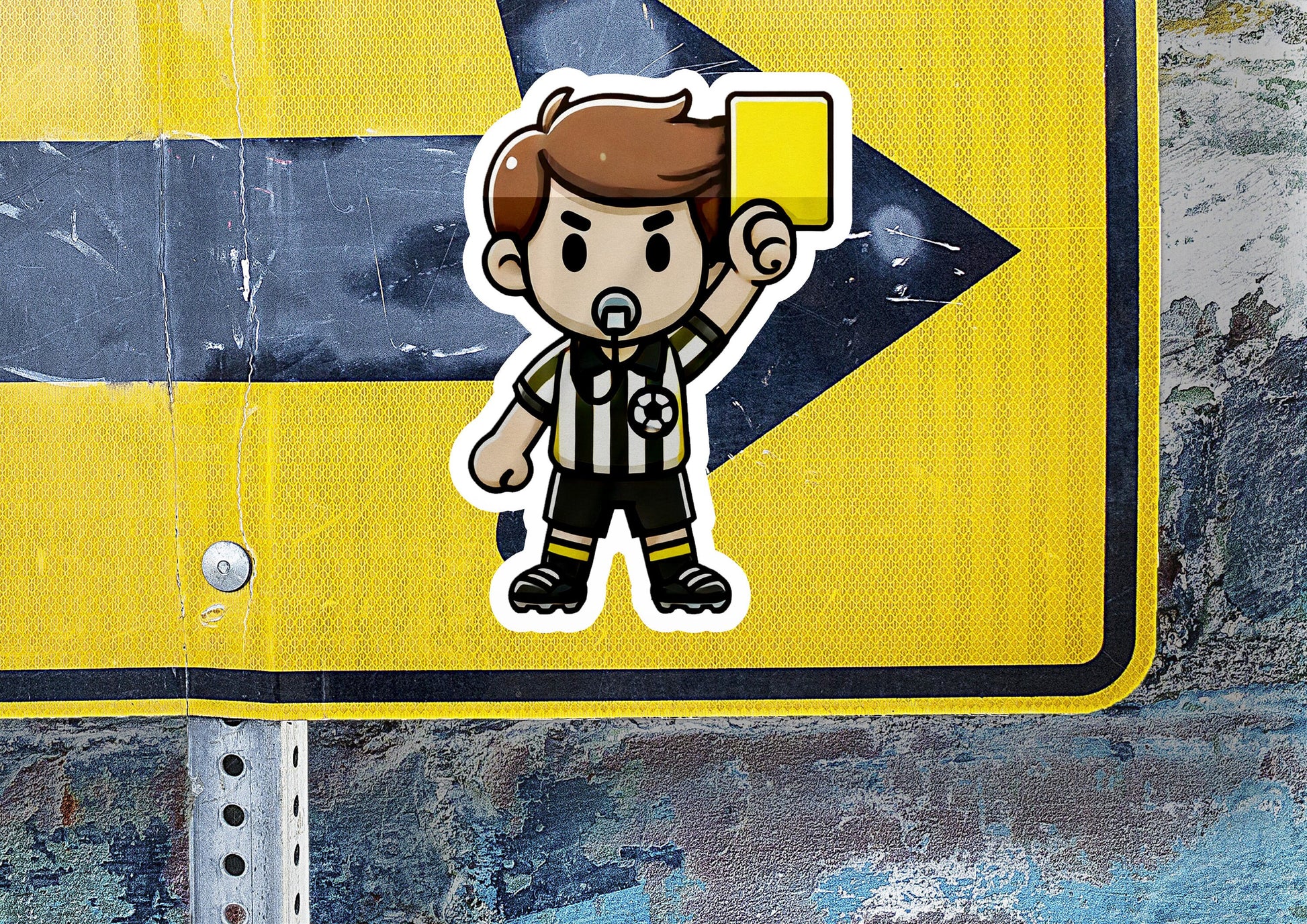 a sticker of a man holding a yellow arrow