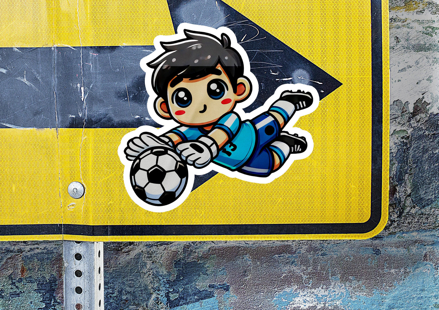 a sticker of a boy kicking a soccer ball