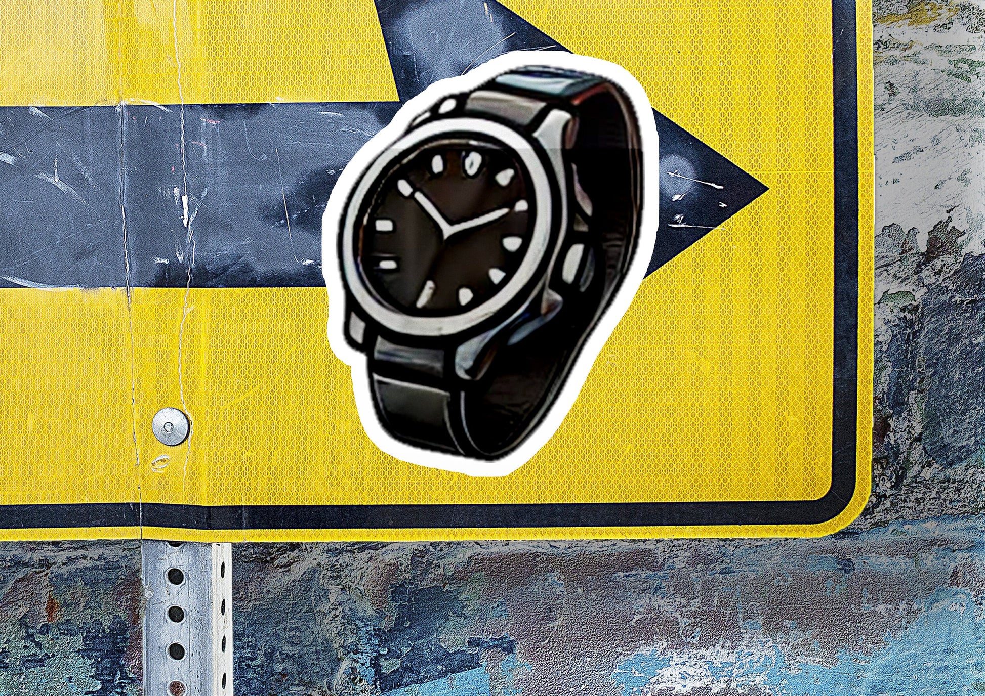 a sticker of a watch on a yellow and black street sign