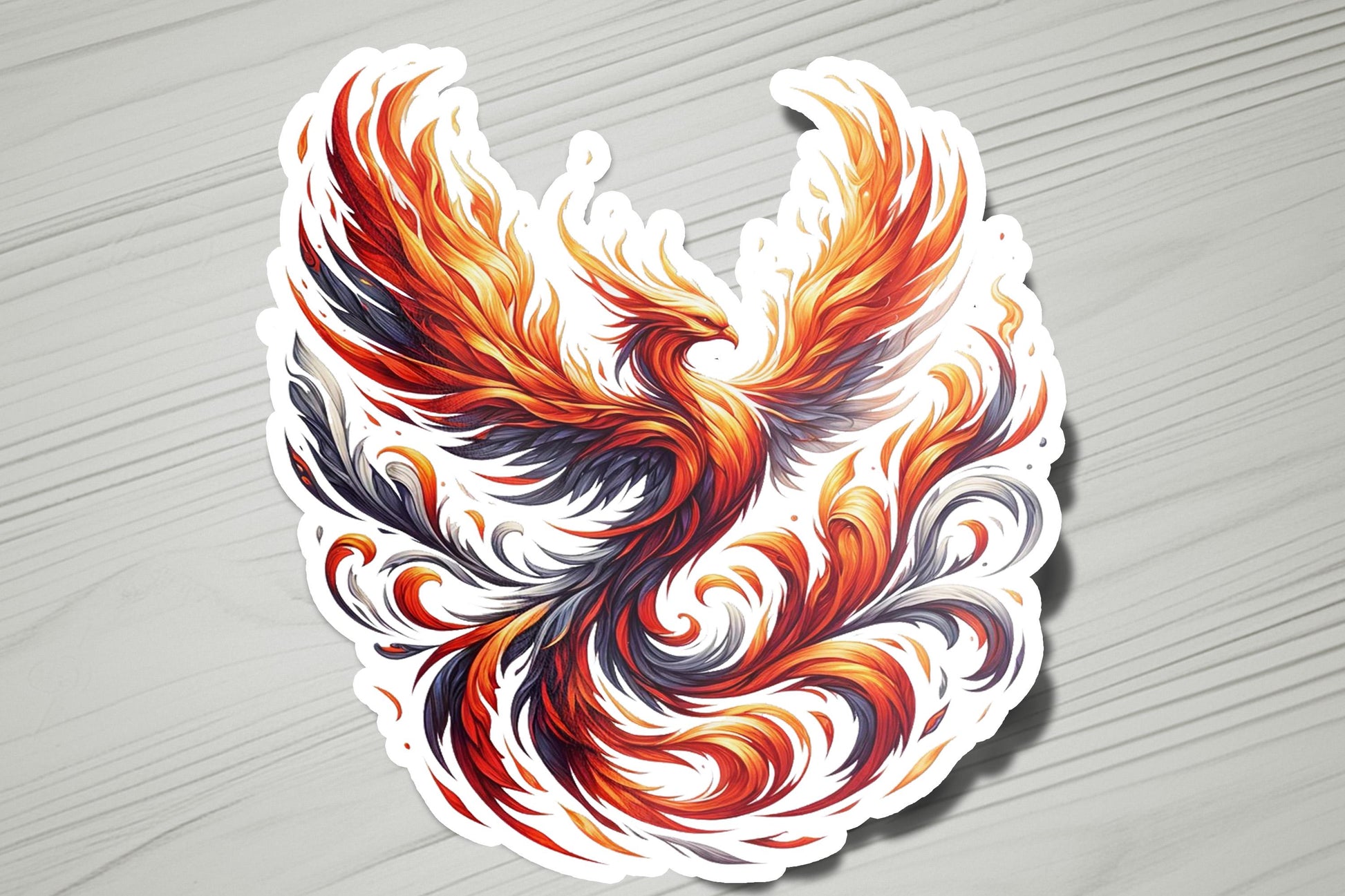 a sticker with an orange and red bird on it