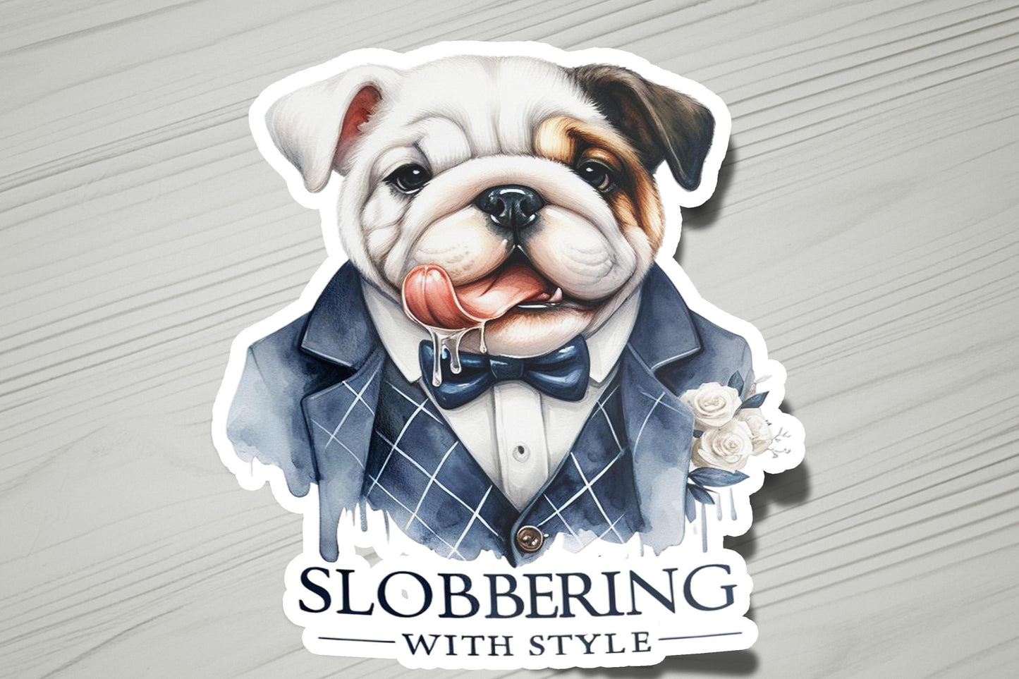 a sticker of a bulldog wearing a tuxedo