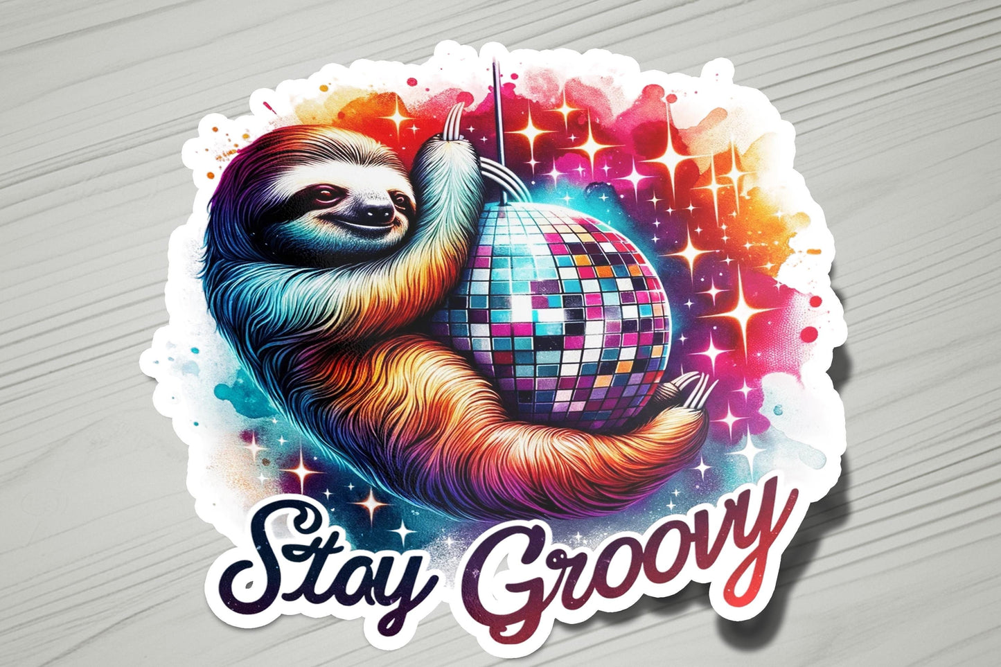 a sticker with a slotty holding a disco ball