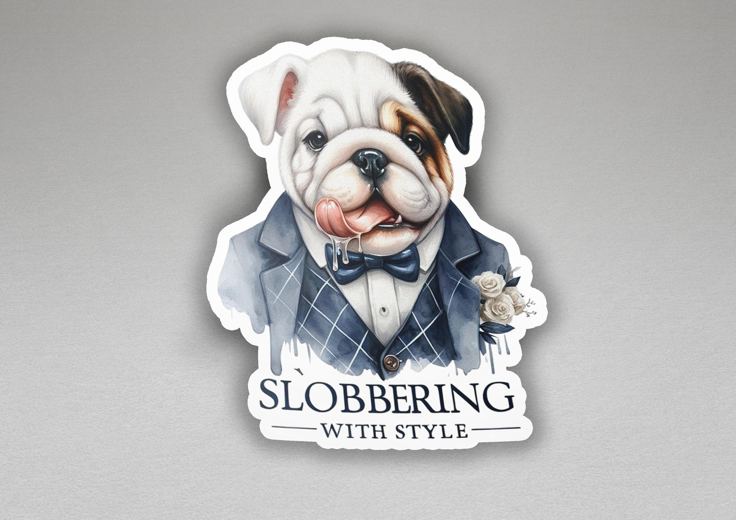 a sticker of a bulldog wearing a tuxedo