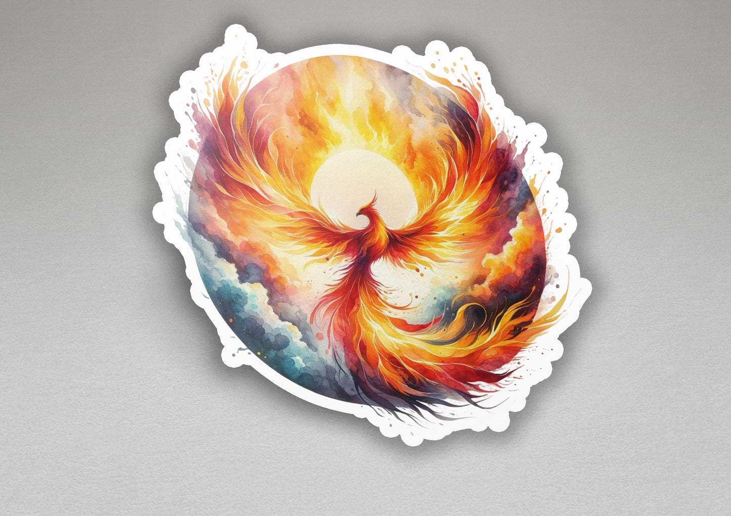 a sticker of a fire bird with a sky background