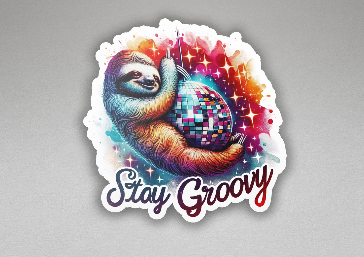 a sticker of a slotty holding a disco ball