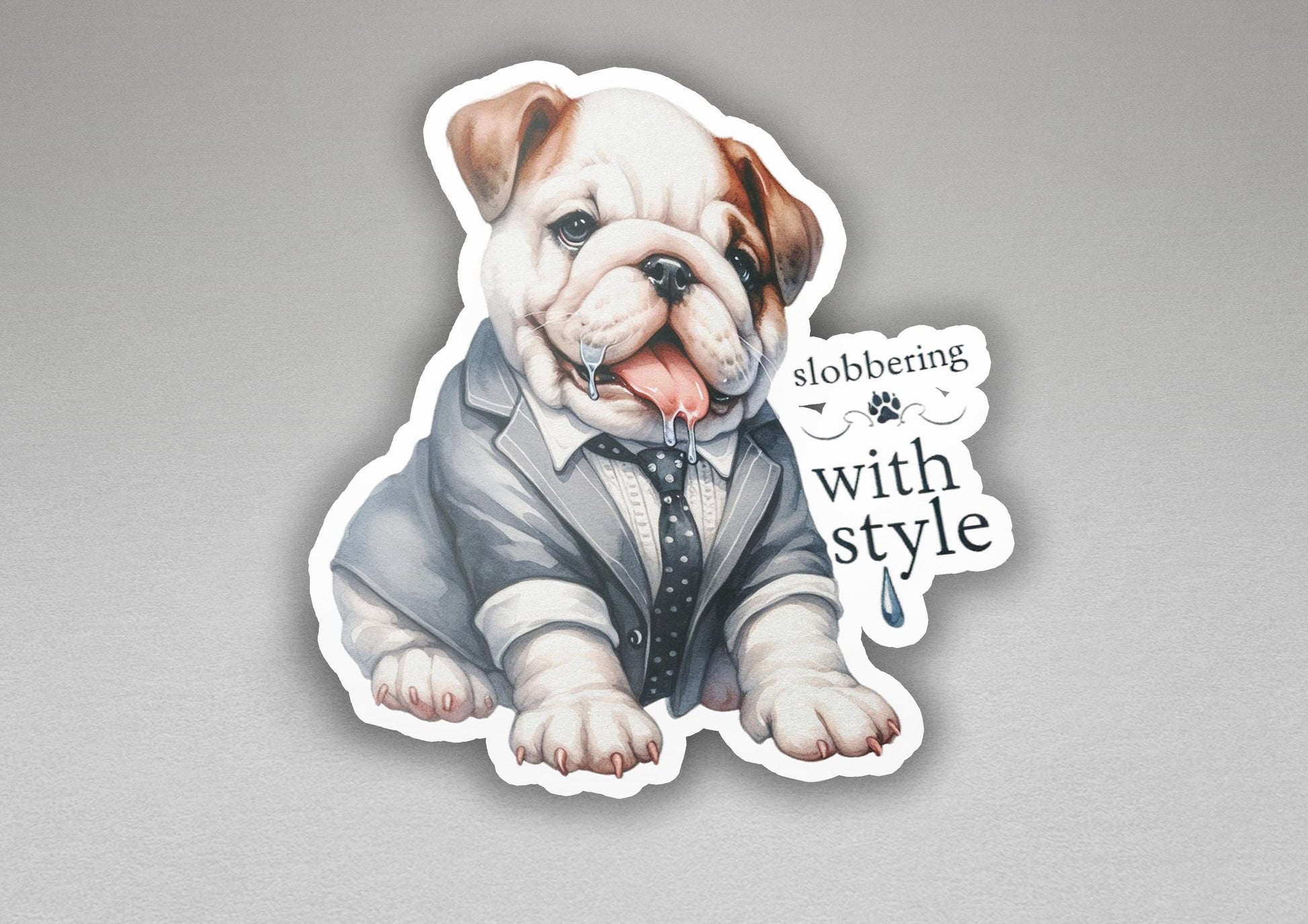 a sticker of a dog wearing a suit and tie