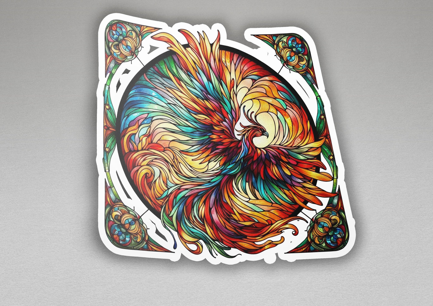 a sticker of a colorful bird on a white background