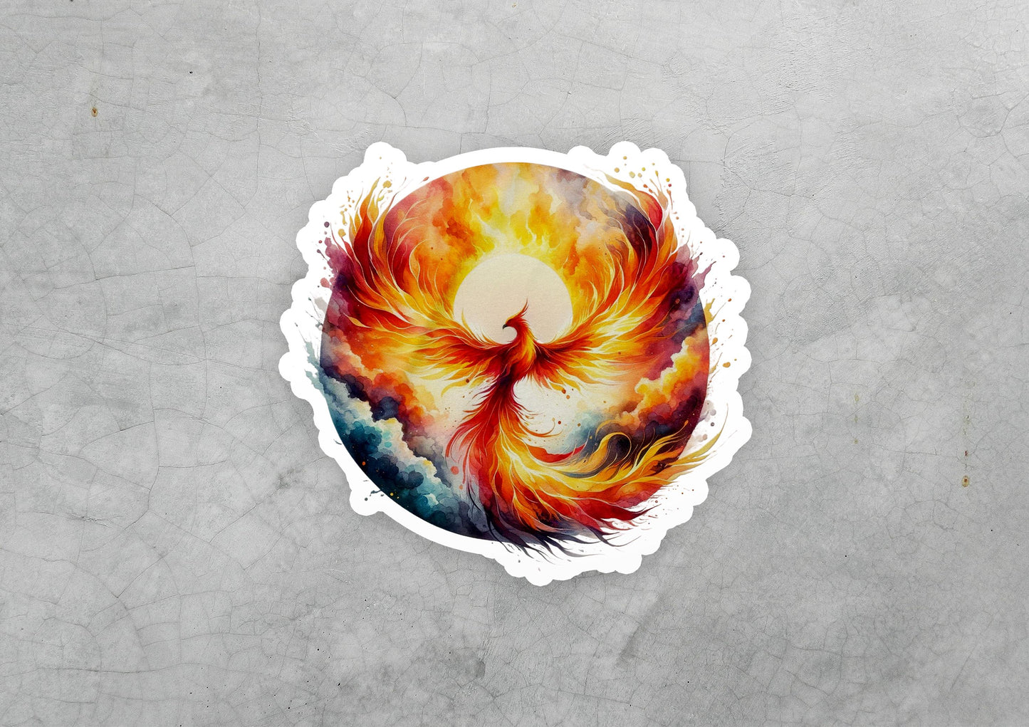 a sticker of a bird with a flame design on it