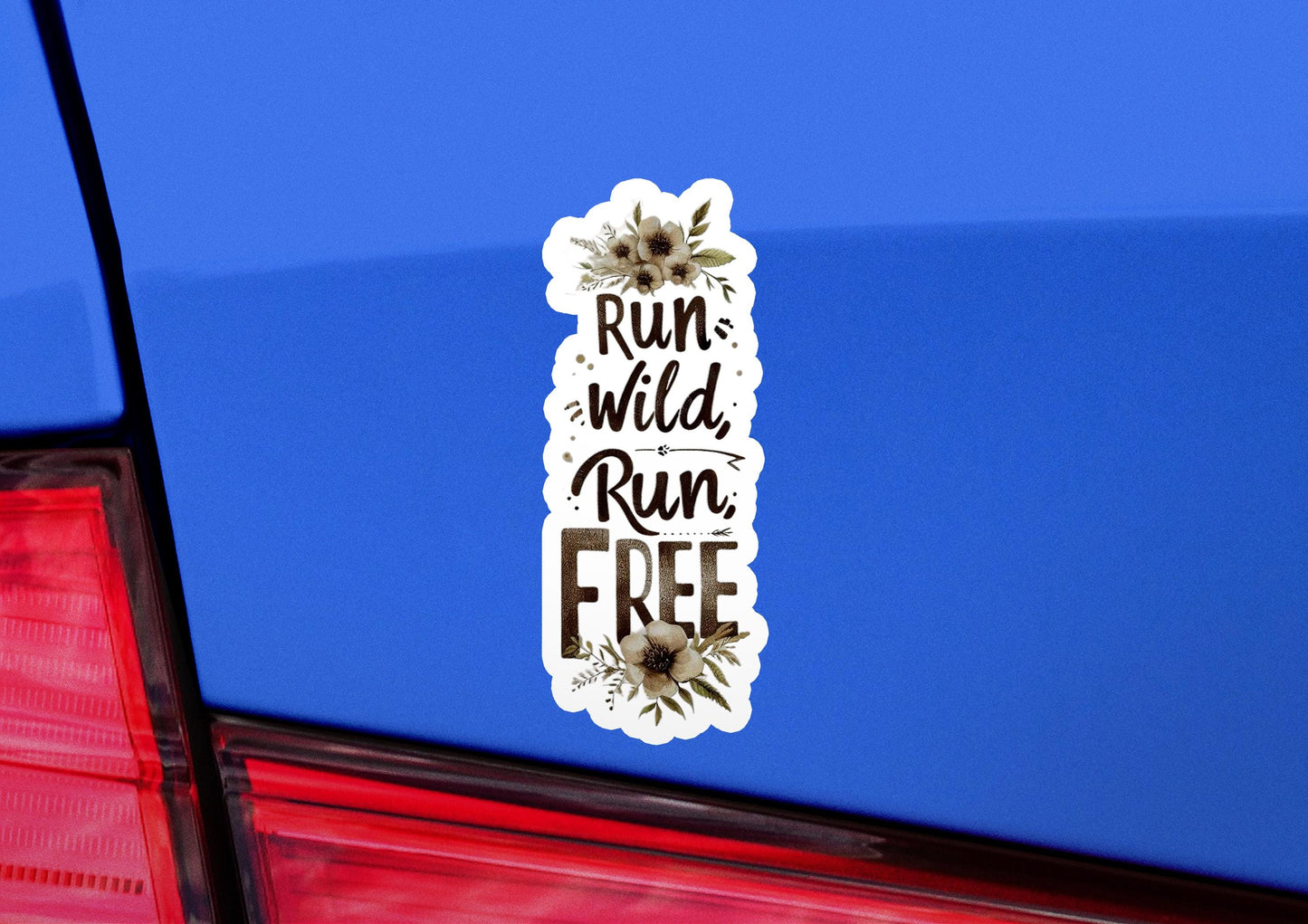 a sticker on the back of a car that says run wild run free