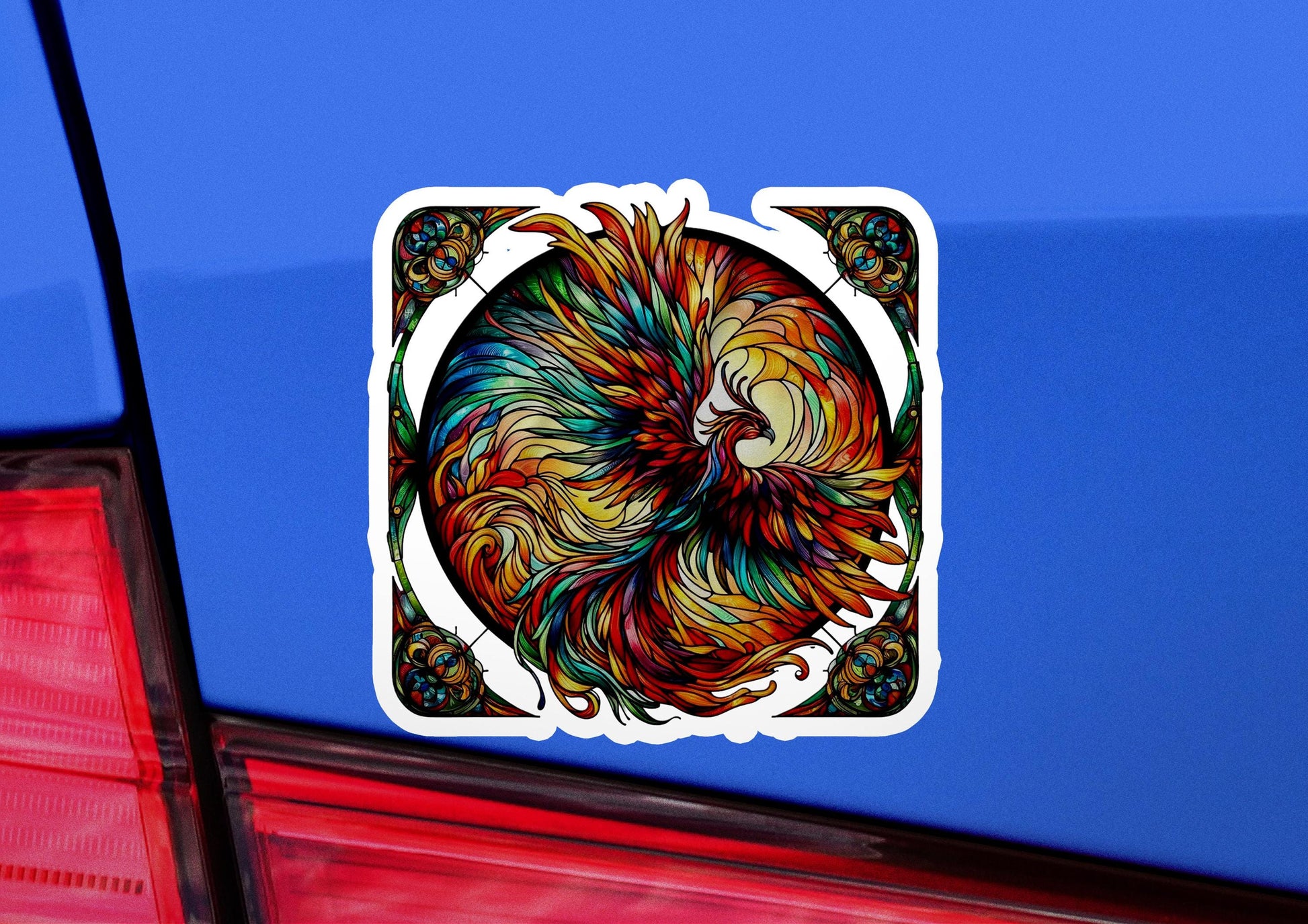 a sticker of a colorful bird on a blue car