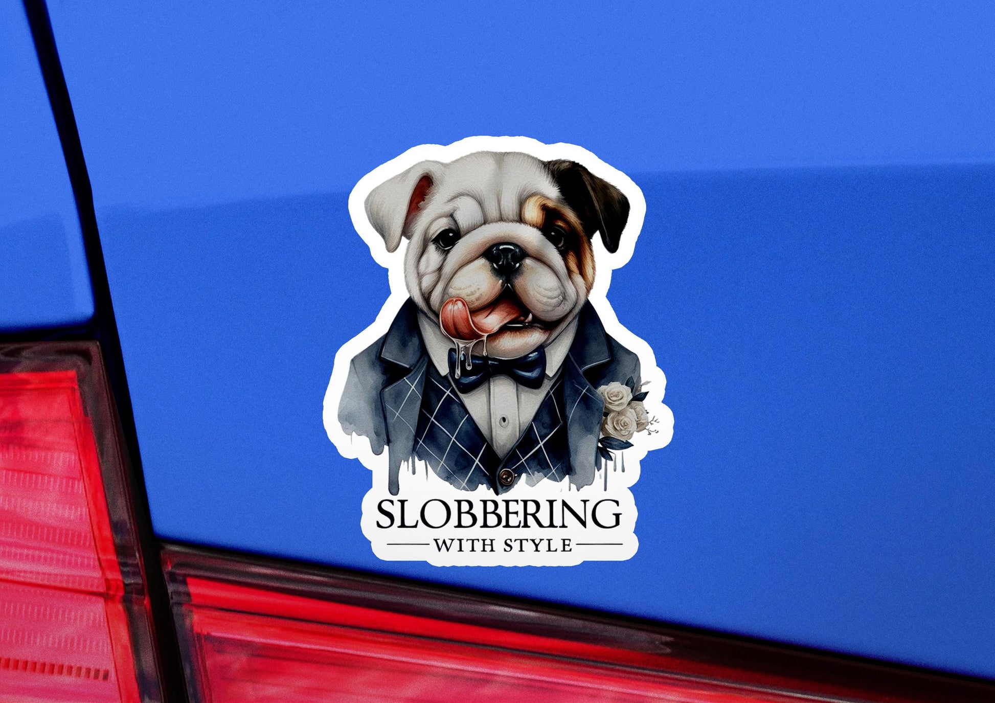 a sticker of a dog wearing a tuxedo