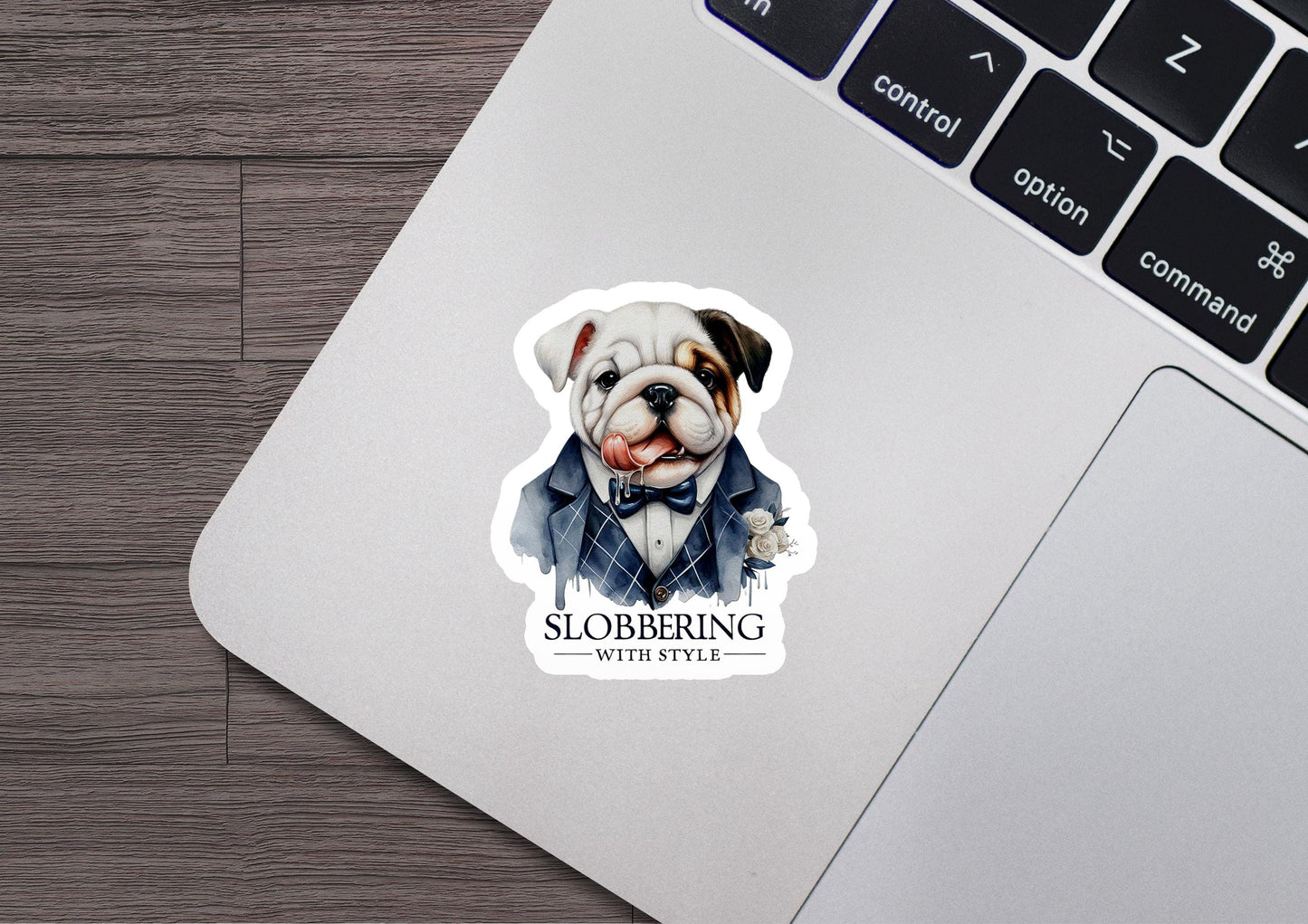 a sticker of a bulldog wearing a suit and tie