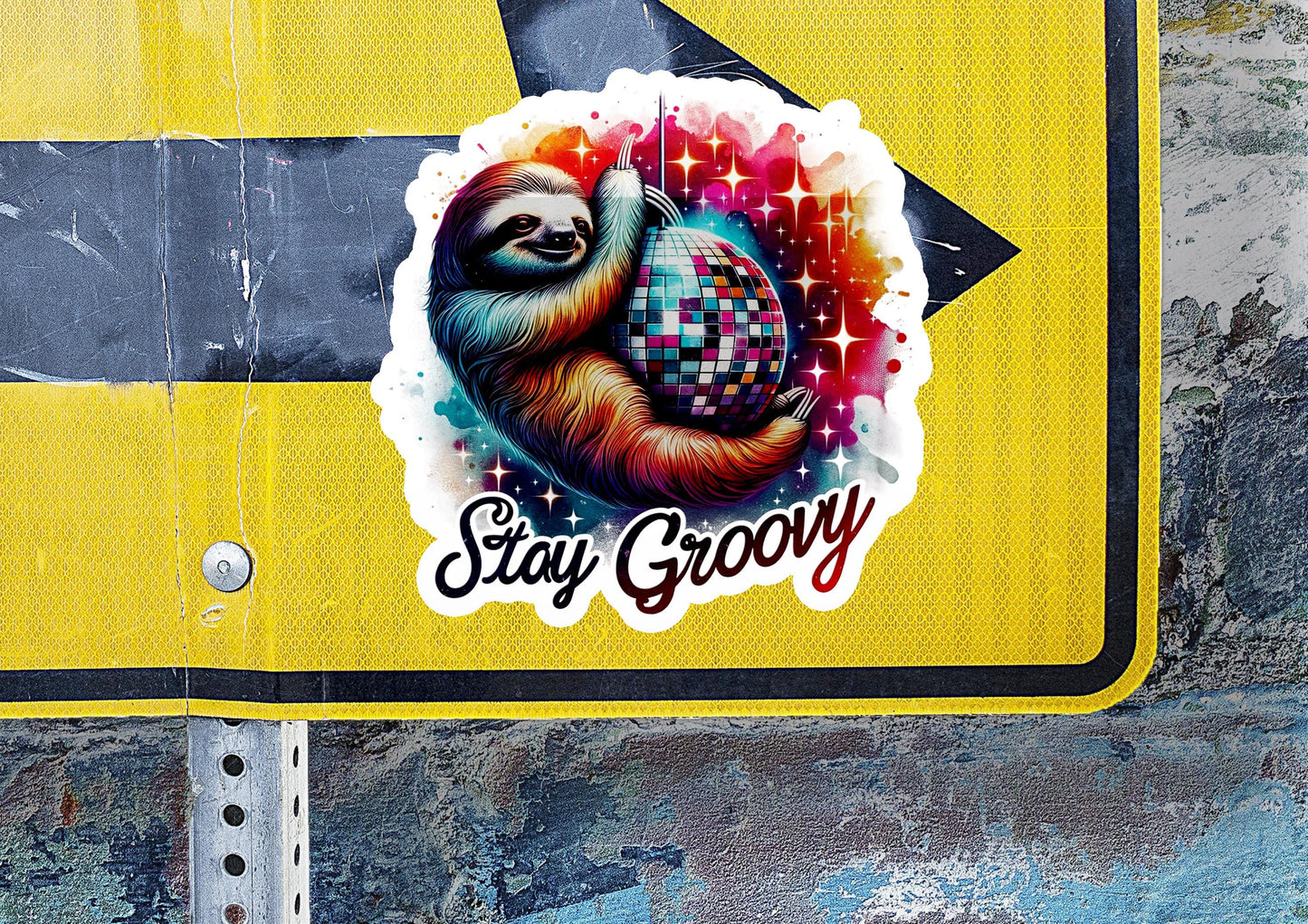 a sticker of a slotty on a street sign