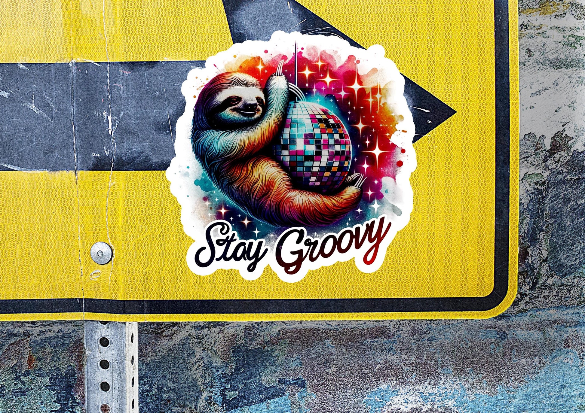 a sticker of a slotty on a street sign