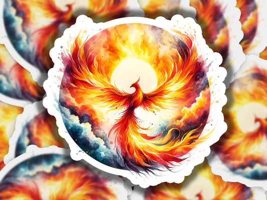 a sticker of a bird of fire in a circle