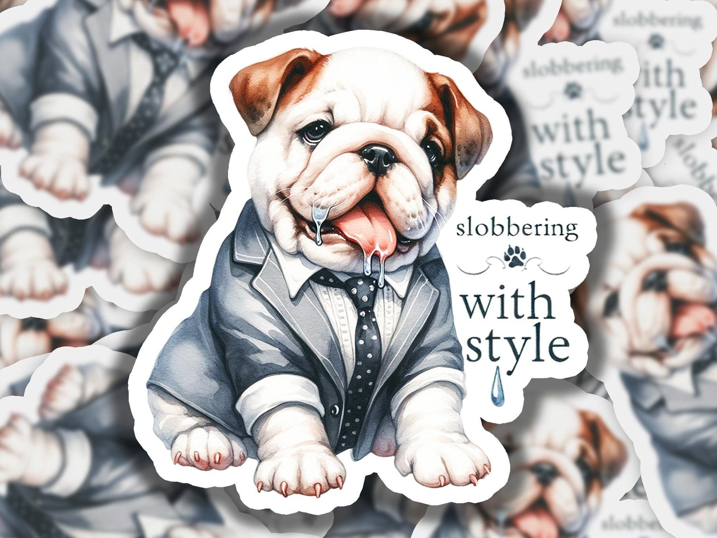 a sticker of a bulldog wearing a suit and tie