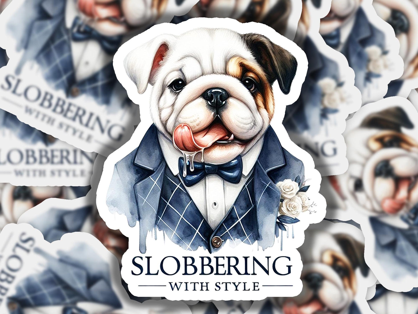 a sticker of a bulldog wearing a tuxedo