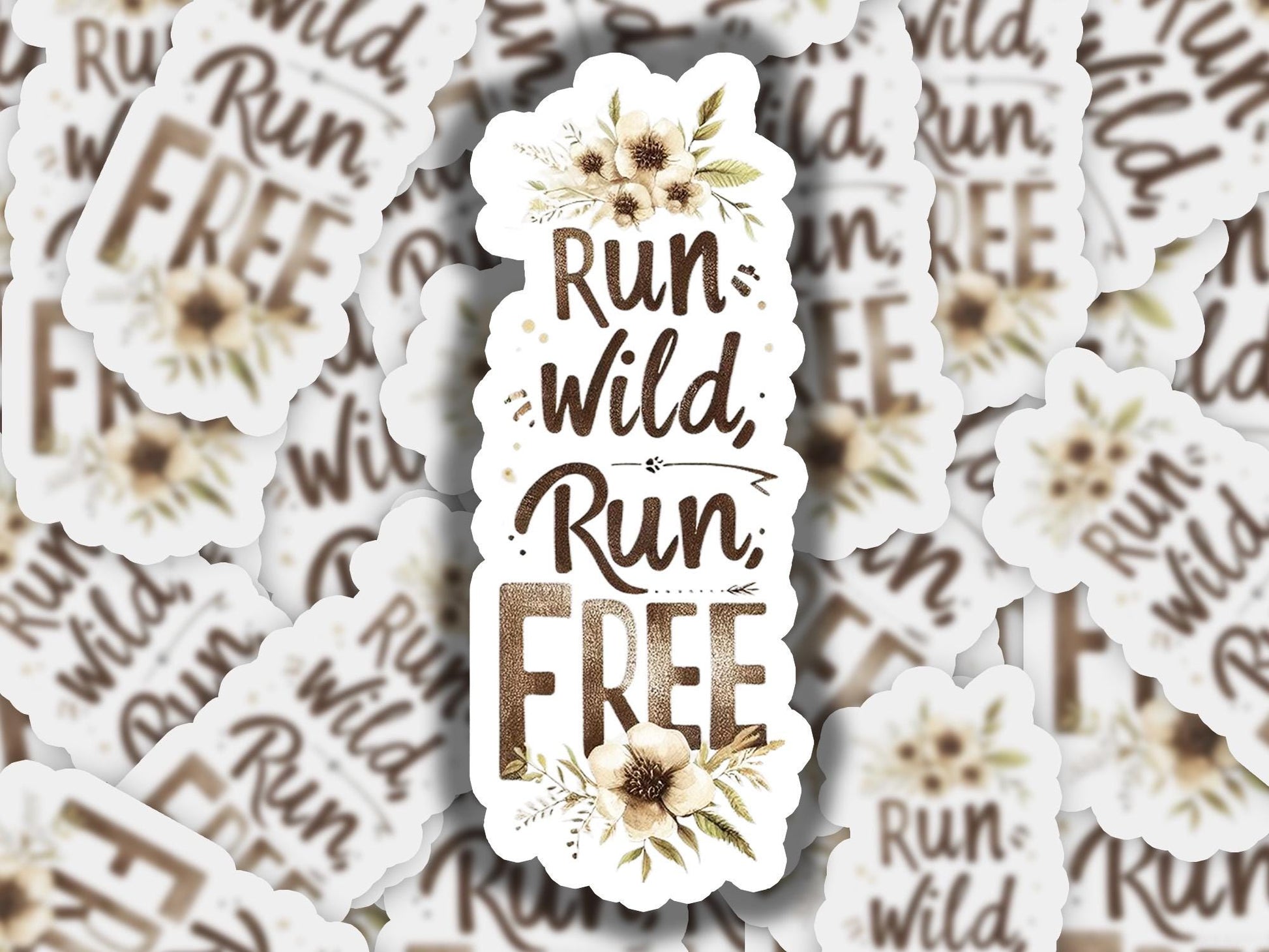 a bunch of stickers that say run wild run free