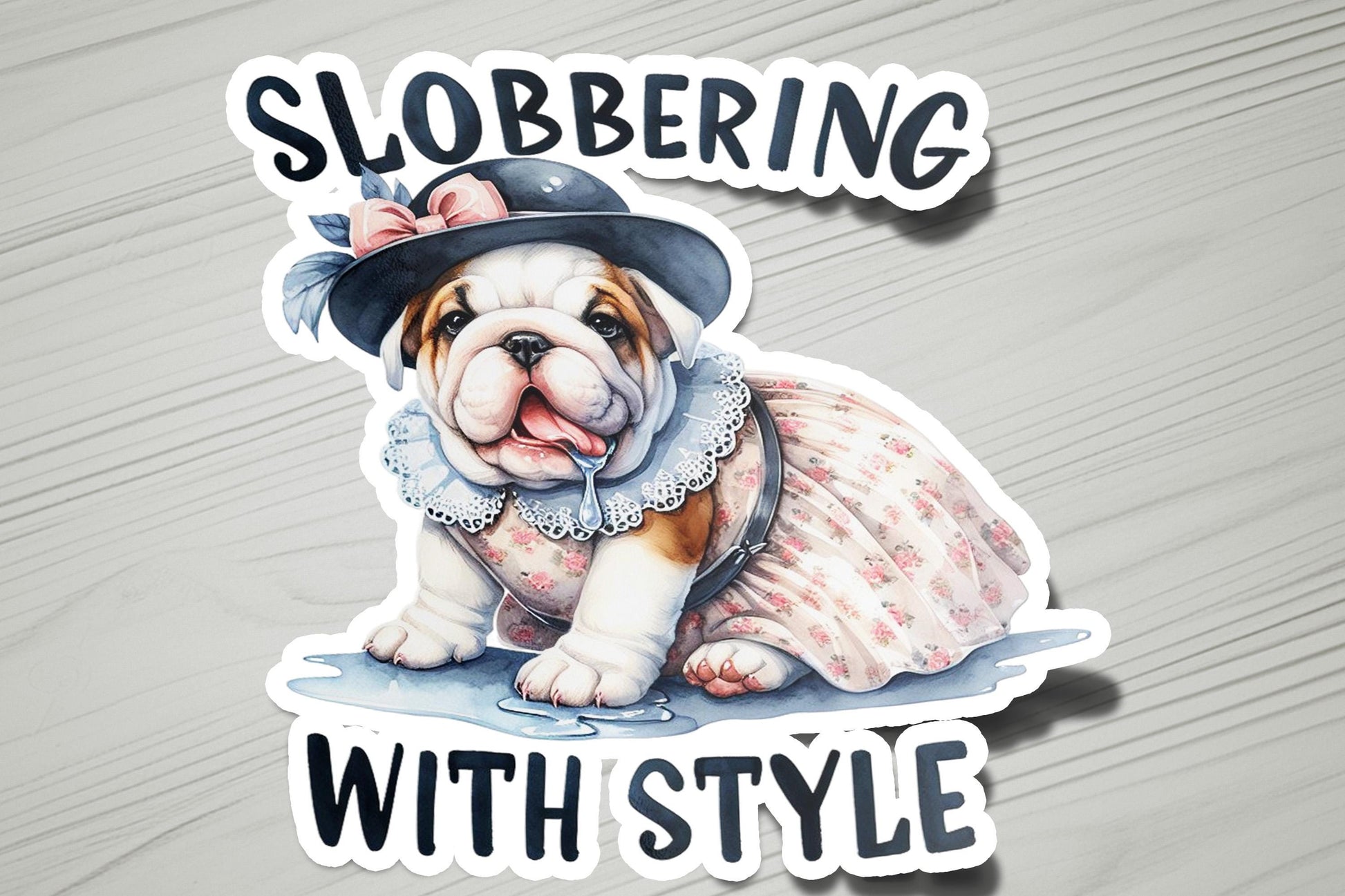 a sticker of a dog wearing a dress and a hat