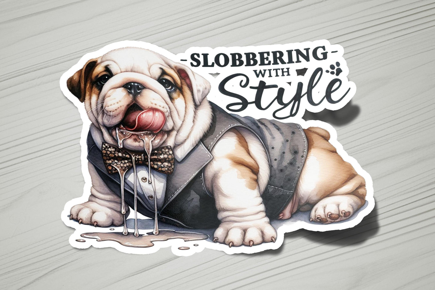 a sticker of a bulldog wearing a vest and bow tie