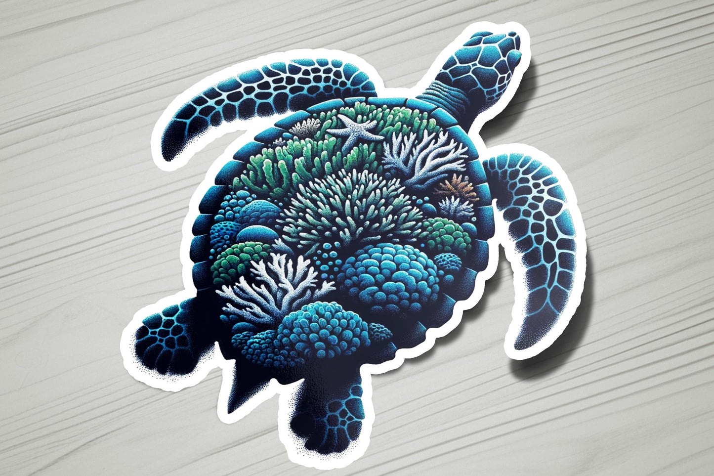 a sticker of a sea turtle on a wooden surface