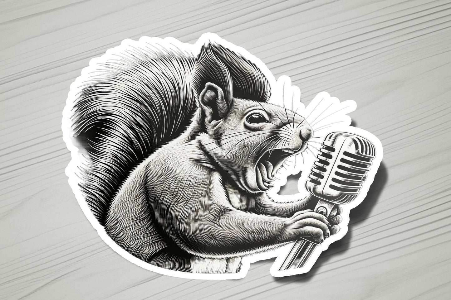 a sticker of a squirrel holding a microphone