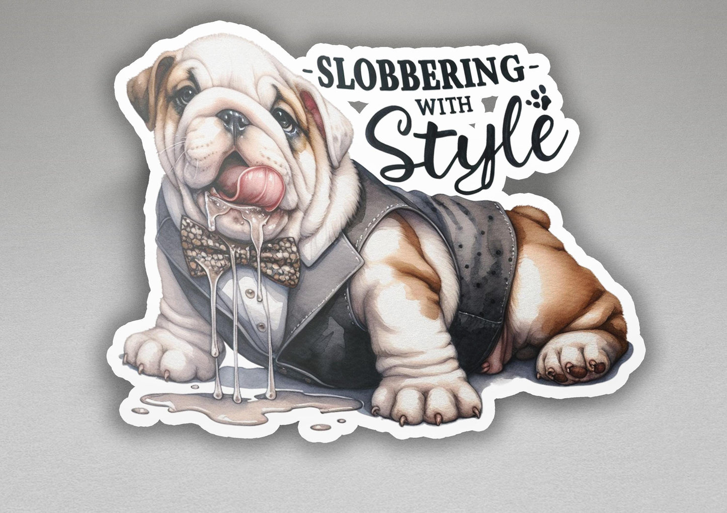 a sticker of a bulldog wearing a vest and bow tie