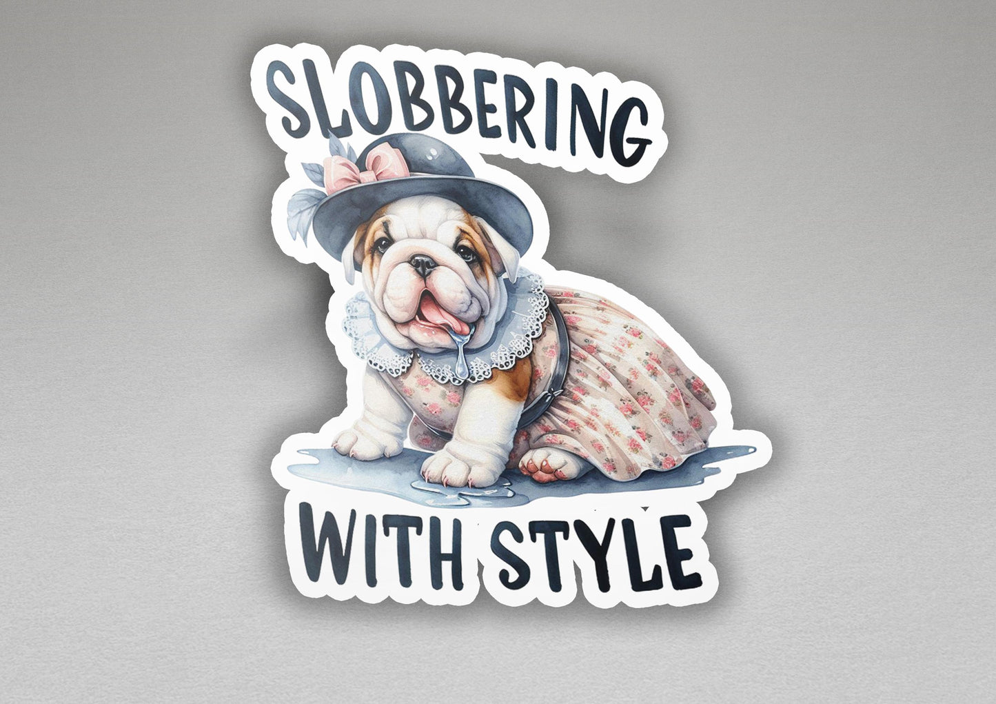 a sticker of a dog wearing a dress and a hat