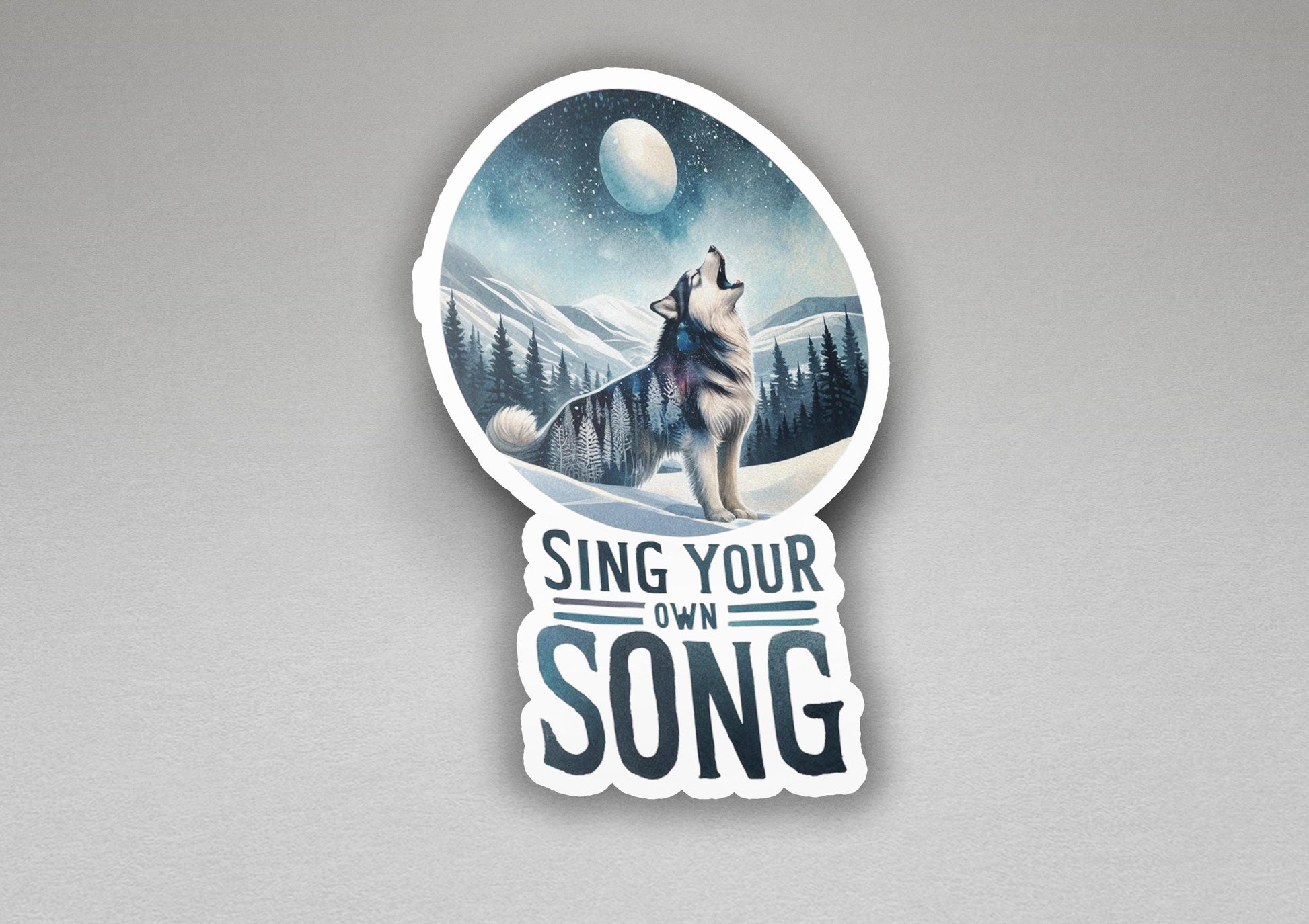 a sticker of a wolf with the words sing your own song