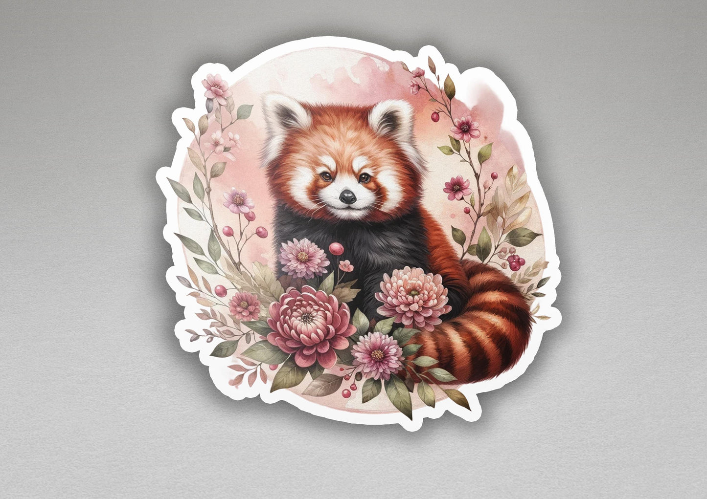 a sticker of a red panda surrounded by flowers