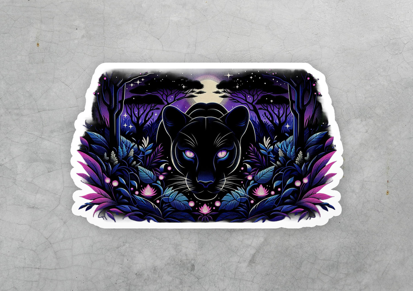 a sticker of a black cat in the woods