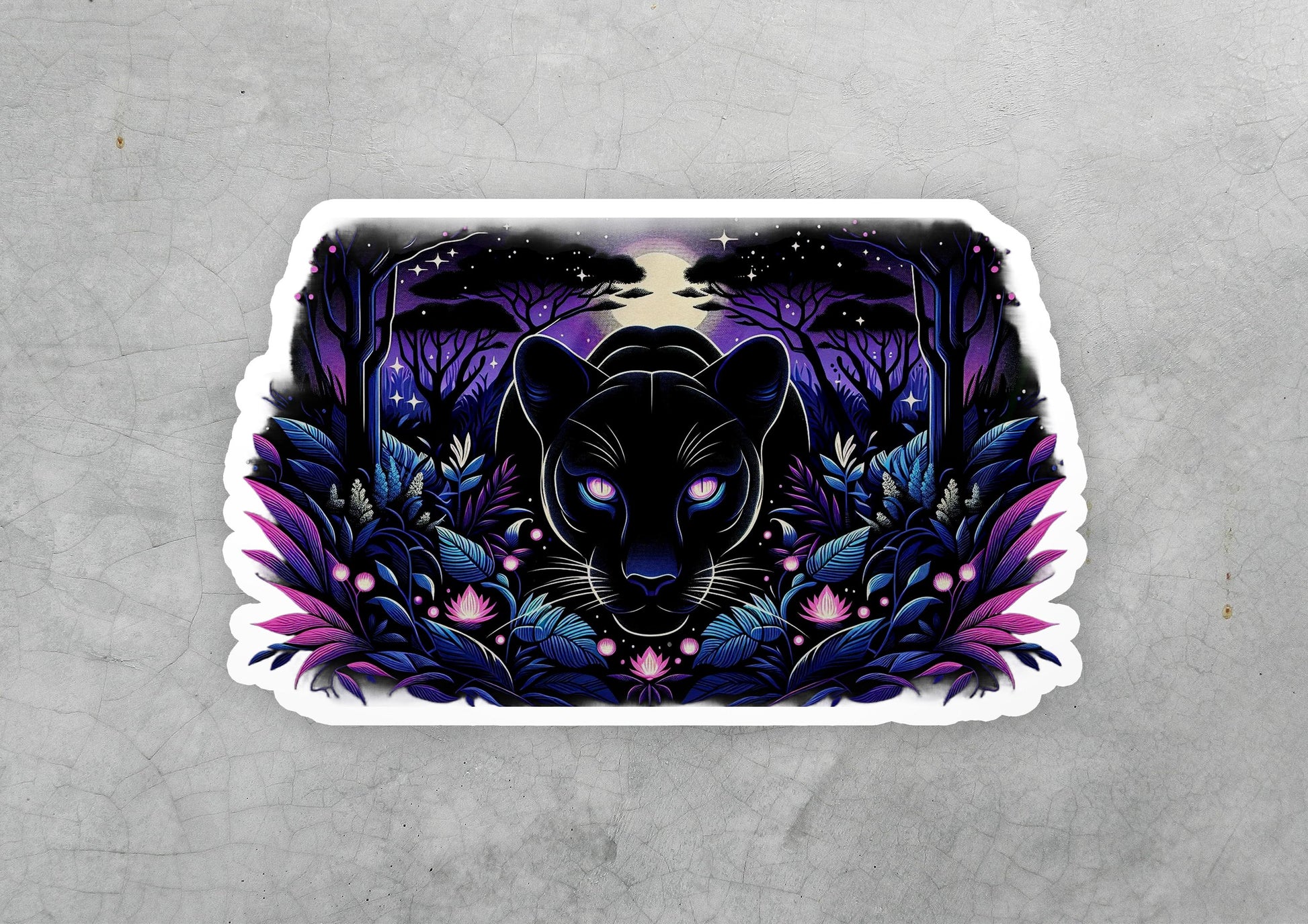 a sticker of a black cat in the woods