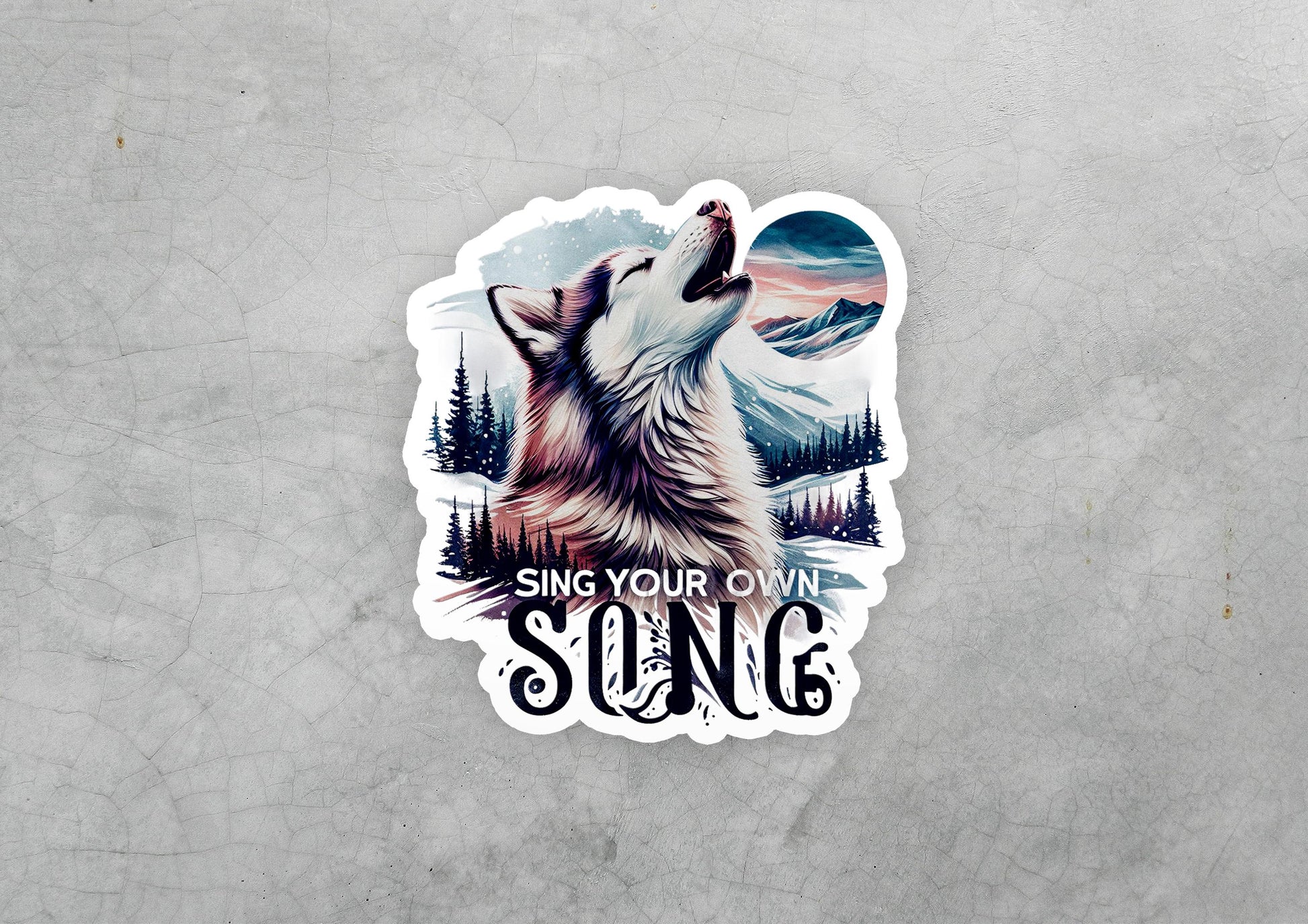 a sticker of a wolf with the words sing your own sungg