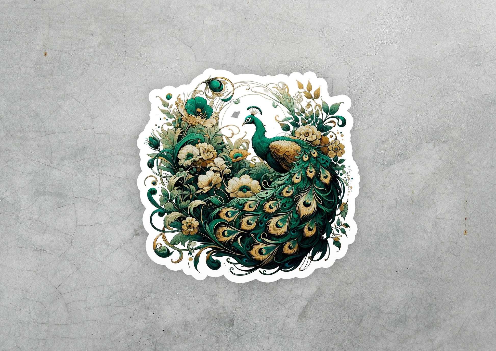 a sticker of a green and gold peacock