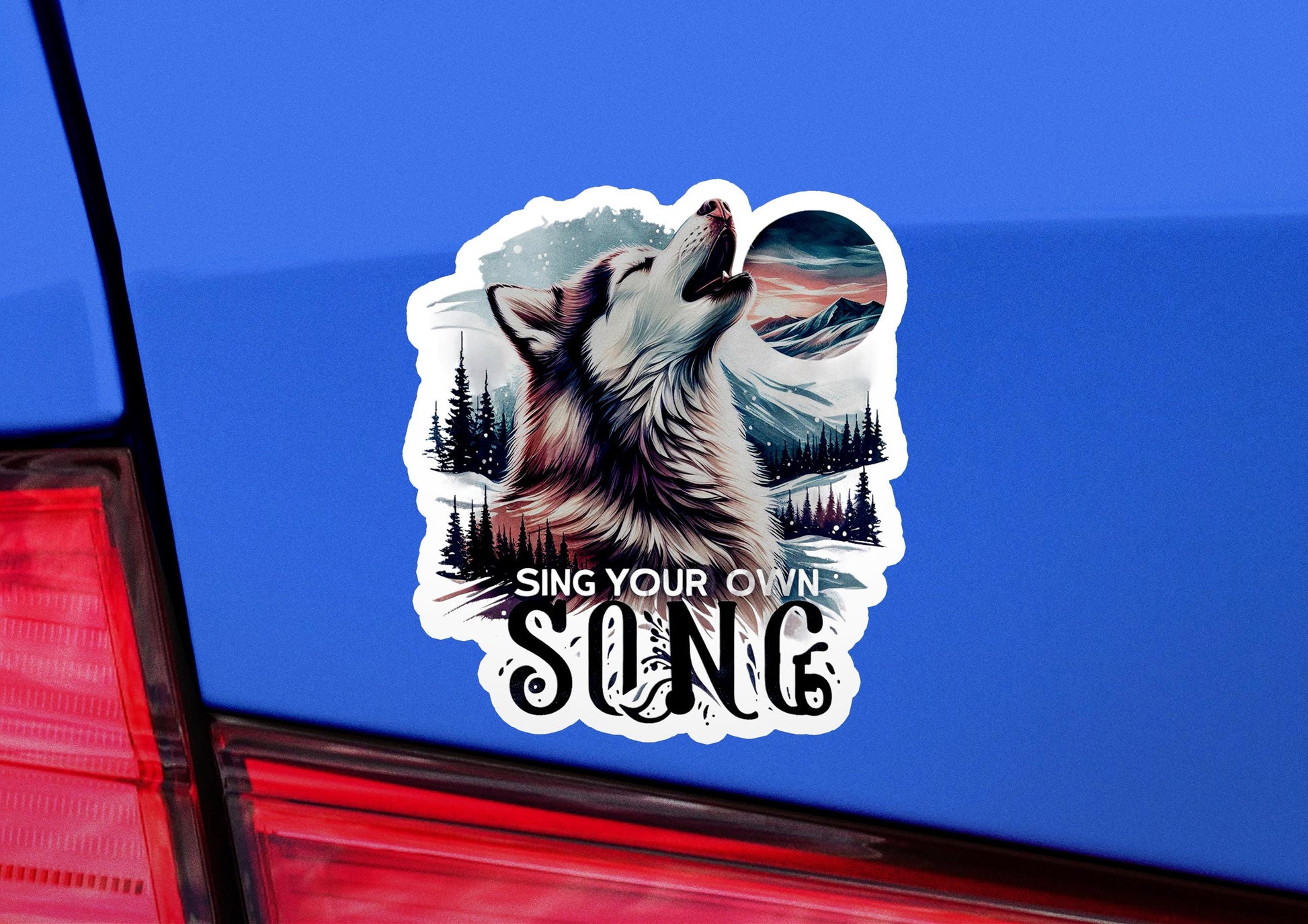 a sticker of a wolf with the words sing your own sungg on it