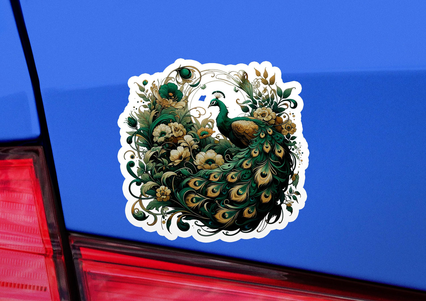 a car with a sticker of a peacock on it