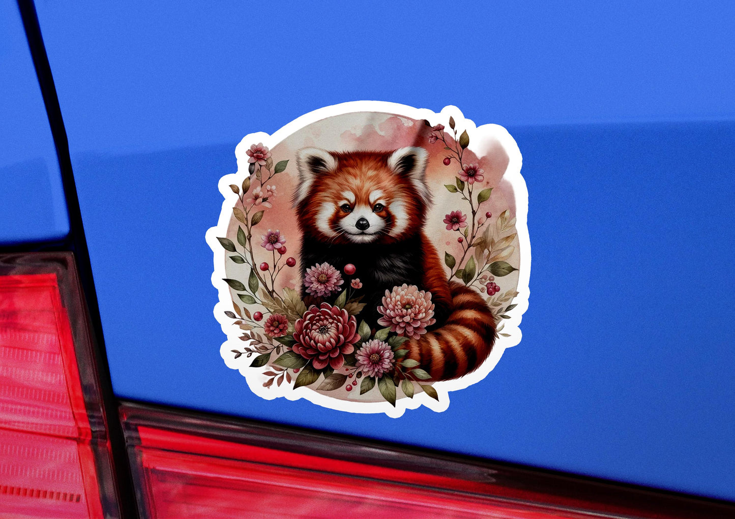 a sticker of a red panda with flowers on it