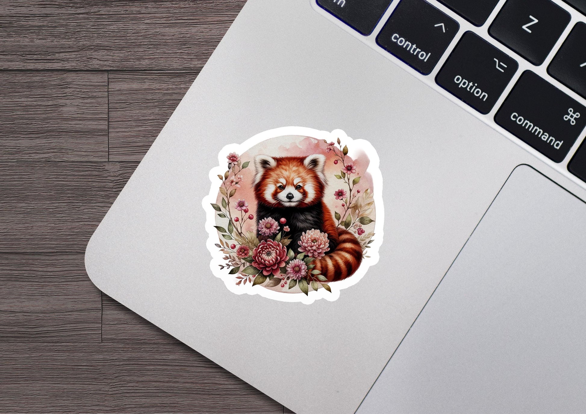 a sticker of a red panda surrounded by flowers