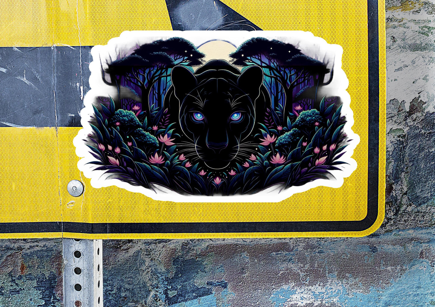 a sticker of a black cat on a yellow street sign