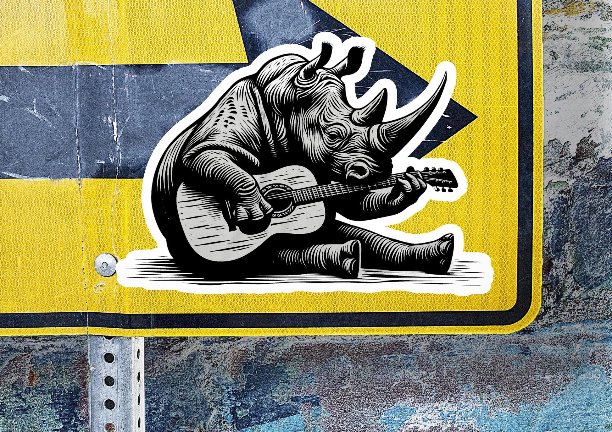 a sticker of a rhino playing a guitar